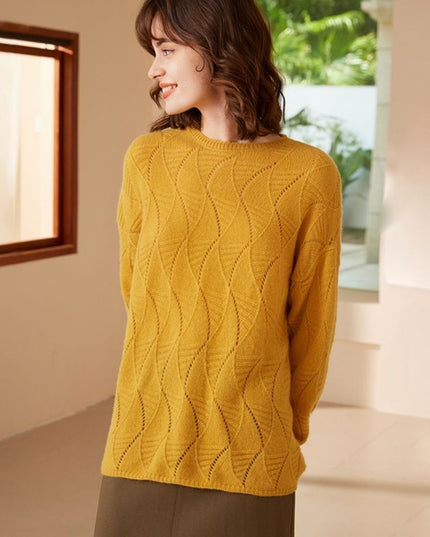 2023 Autumn Round Neck Leaves Hollowed Out Leaves Cashmere Sweater, Simple Mmedium-Long Pullover Sweater