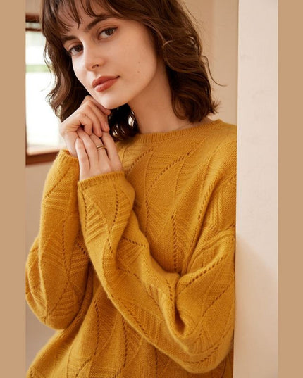 2023 Autumn Round Neck Leaves Hollowed Out Leaves Cashmere Sweater, Simple Mmedium-Long Pullover Sweater