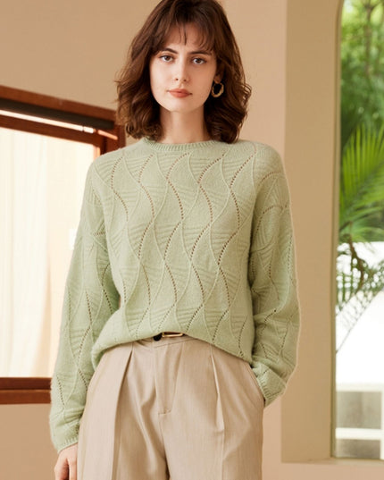 2023 Autumn Round Neck Leaves Hollowed Out Leaves Cashmere Sweater, Simple Mmedium-Long Pullover Sweater