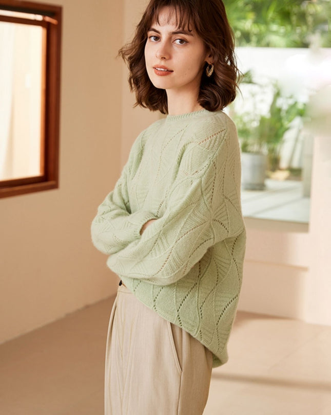 2023 Autumn Round Neck Leaves Hollowed Out Leaves Cashmere Sweater, Simple Mmedium-Long Pullover Sweater