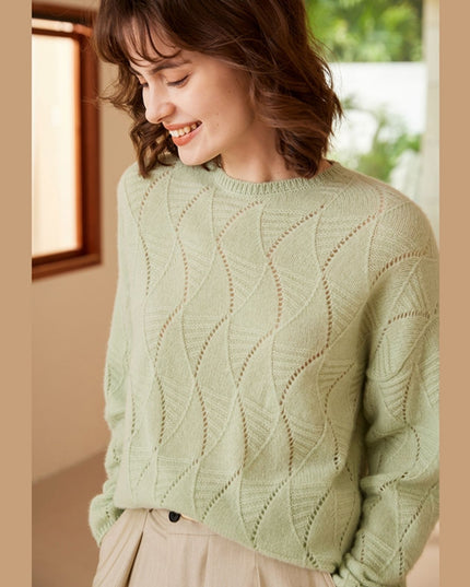 2023 Autumn Round Neck Leaves Hollowed Out Leaves Cashmere Sweater, Simple Mmedium-Long Pullover Sweater