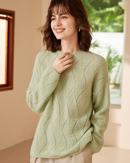 2023 Autumn Round Neck Leaves Hollowed Out Leaves Cashmere Sweater, Simple Mmedium-Long Pullover Sweater