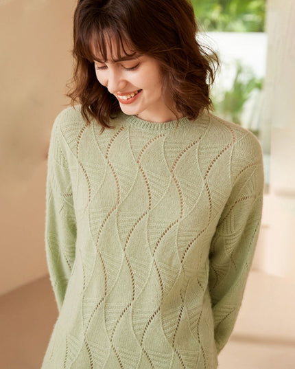 2023 Autumn Round Neck Leaves Hollowed Out Leaves Cashmere Sweater, Simple Mmedium-Long Pullover Sweater