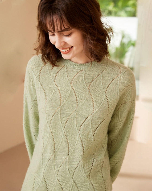 2023 Autumn Round Neck Leaves Hollowed Out Leaves Cashmere Sweater, Simple Mmedium-Long Pullover Sweater