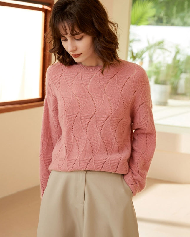 2023 Autumn Round Neck Leaves Hollowed Out Leaves Cashmere Sweater, Simple Mmedium-Long Pullover Sweater