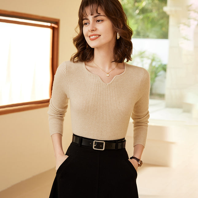 2023 Autumn Winter New Square V-neck Deep Rib 100% cashmere Sweater, low neck Slim knitwear Sweater