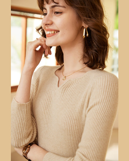 2023 Autumn Winter New Square V-neck Deep Rib 100% cashmere Sweater, low neck Slim knitwear Sweater