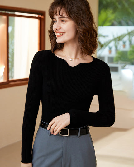 2023 Autumn Winter New Square V-neck Deep Rib 100% cashmere Sweater, low neck Slim knitwear Sweater