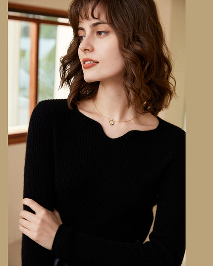 2023 Autumn Winter New Square V-neck Deep Rib 100% cashmere Sweater, low neck Slim knitwear Sweater