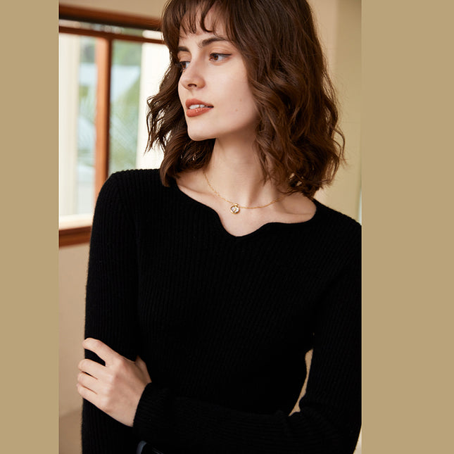 2023 Autumn Winter New Square V-neck Deep Rib 100% cashmere Sweater, low neck Slim knitwear Sweater