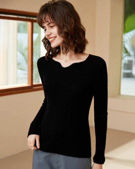 2023 Autumn Winter New Square V-neck Deep Rib 100% cashmere Sweater, low neck Slim knitwear Sweater