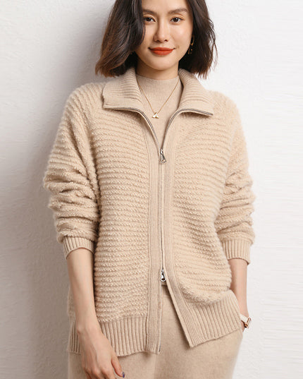 2023 New Autumn  Winter 100% Cashmere Women's Embroidered Stand Collar Zip Sweater,Solid color full zipper Cardigan,Thick Cardigan Sweater