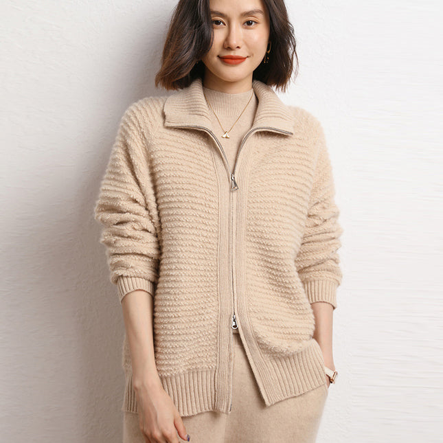 2023 New Autumn  Winter 100% Cashmere Women's Embroidered Stand Collar Zip Sweater,Solid color full zipper Cardigan,Thick Cardigan Sweater