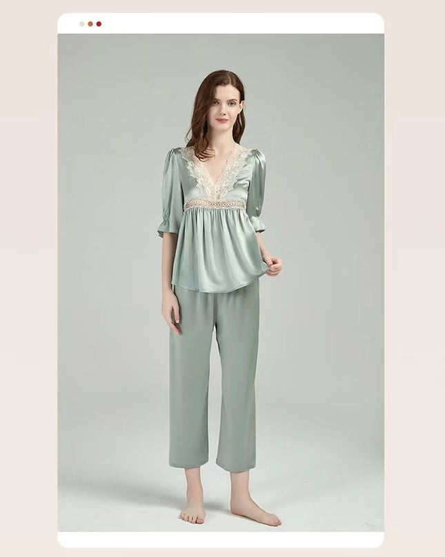 New Arrival|Spring and summer lace pajamas，Women's luxury style fashion pajamas set，elbow sleeve lace-mulberry silk，V-neck.