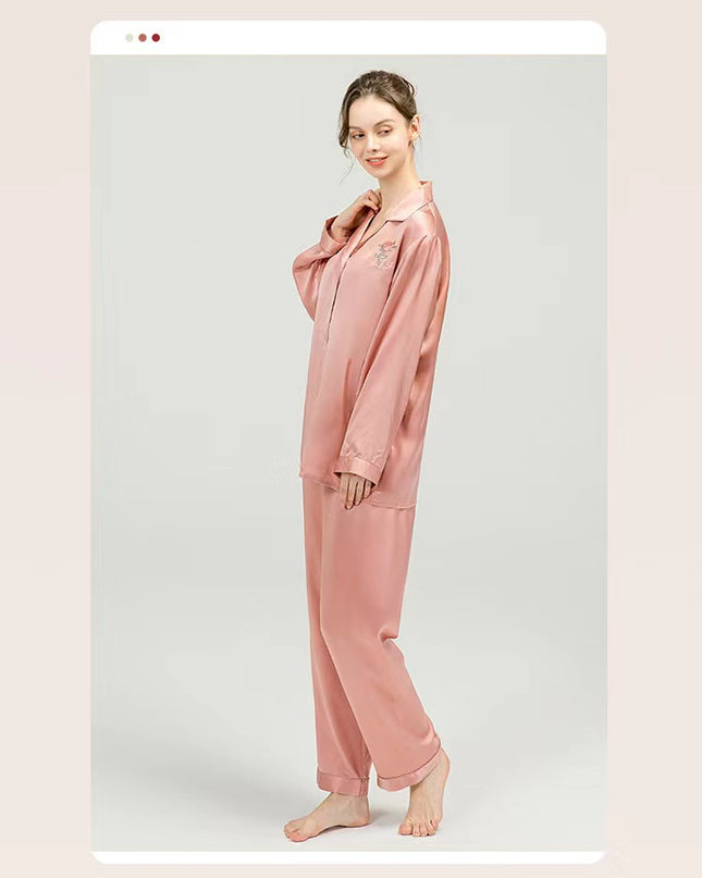 100% Pure Mulberry Silk Pajamas for Women,One Color,Embroidery Design，Ultra Soft Smooth Pajamas